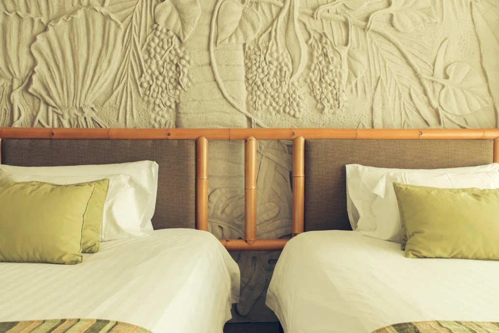 A unique headboard decoration in a hotel room