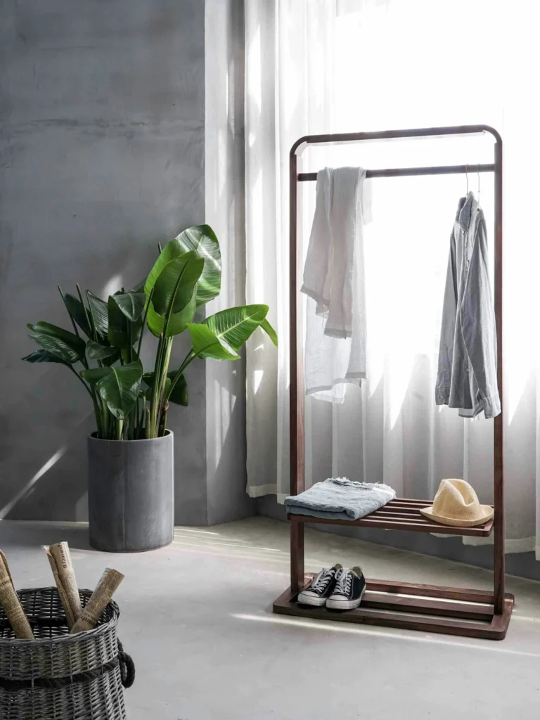 a room with functional decor such as clothes rack and shoe rack